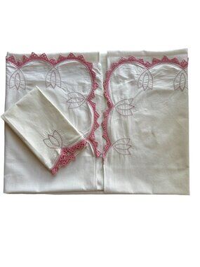 Vintage Handmade Pink Crochet Trim Child Bed Sheet / Pillowcase Cottagecore Set